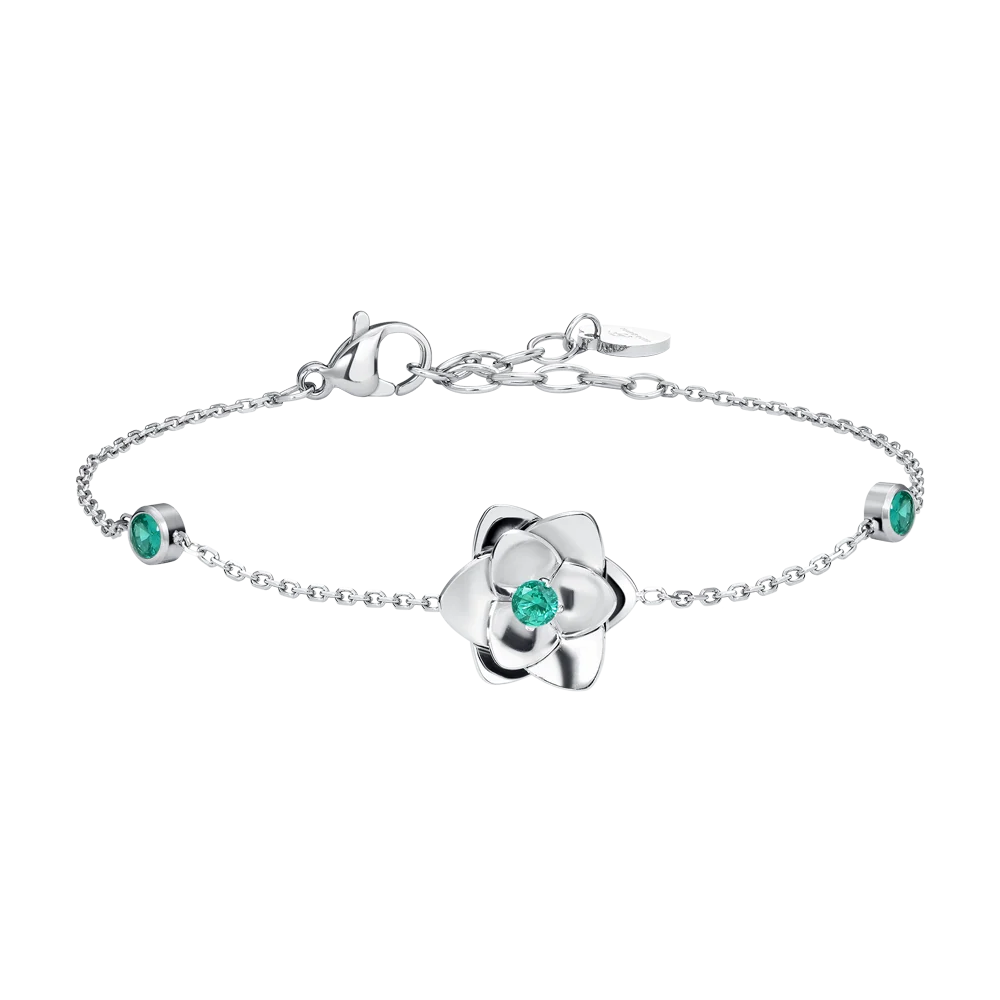 Bracciale Luca Barra Acciaio Punti Luce Cristalli Verdi + Fiore Centrale