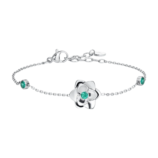 Bracciale Luca Barra Acciaio Punti Luce Cristalli Verdi + Fiore Centrale