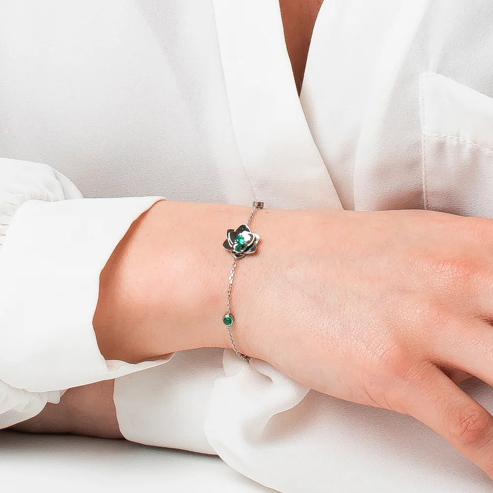 Bracciale Luca Barra Acciaio Punti Luce Cristalli Verdi + Fiore Centrale