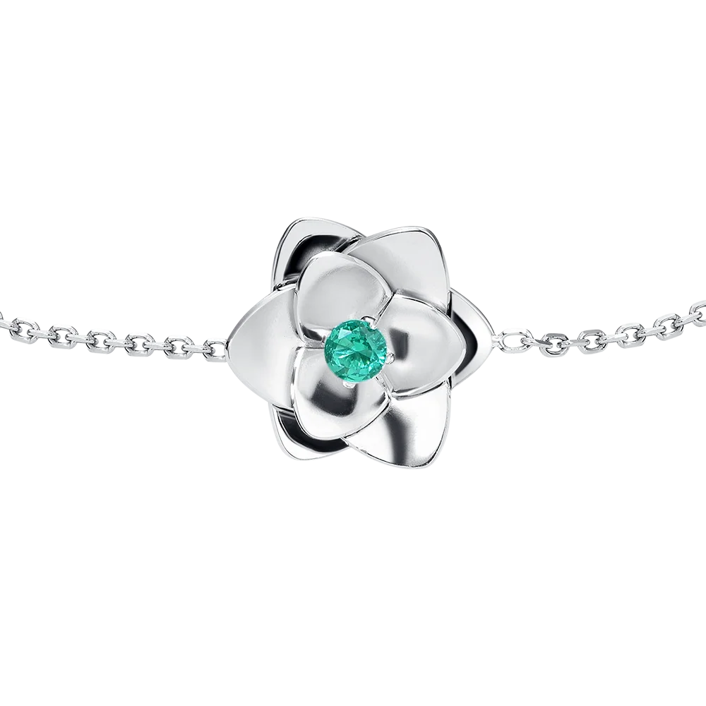 Bracciale Luca Barra Acciaio Punti Luce Cristalli Verdi + Fiore Centrale