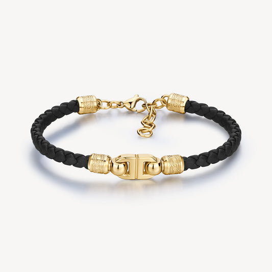 Bracciale Brosway Knocker Uomo In Pelle Sintetica Nera Elementi Pvd Oro