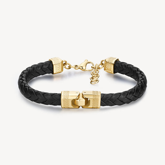 Bracciale Brosway Knocker Uomo In Pelle Sintetica Nera Elementi Pvd Oro