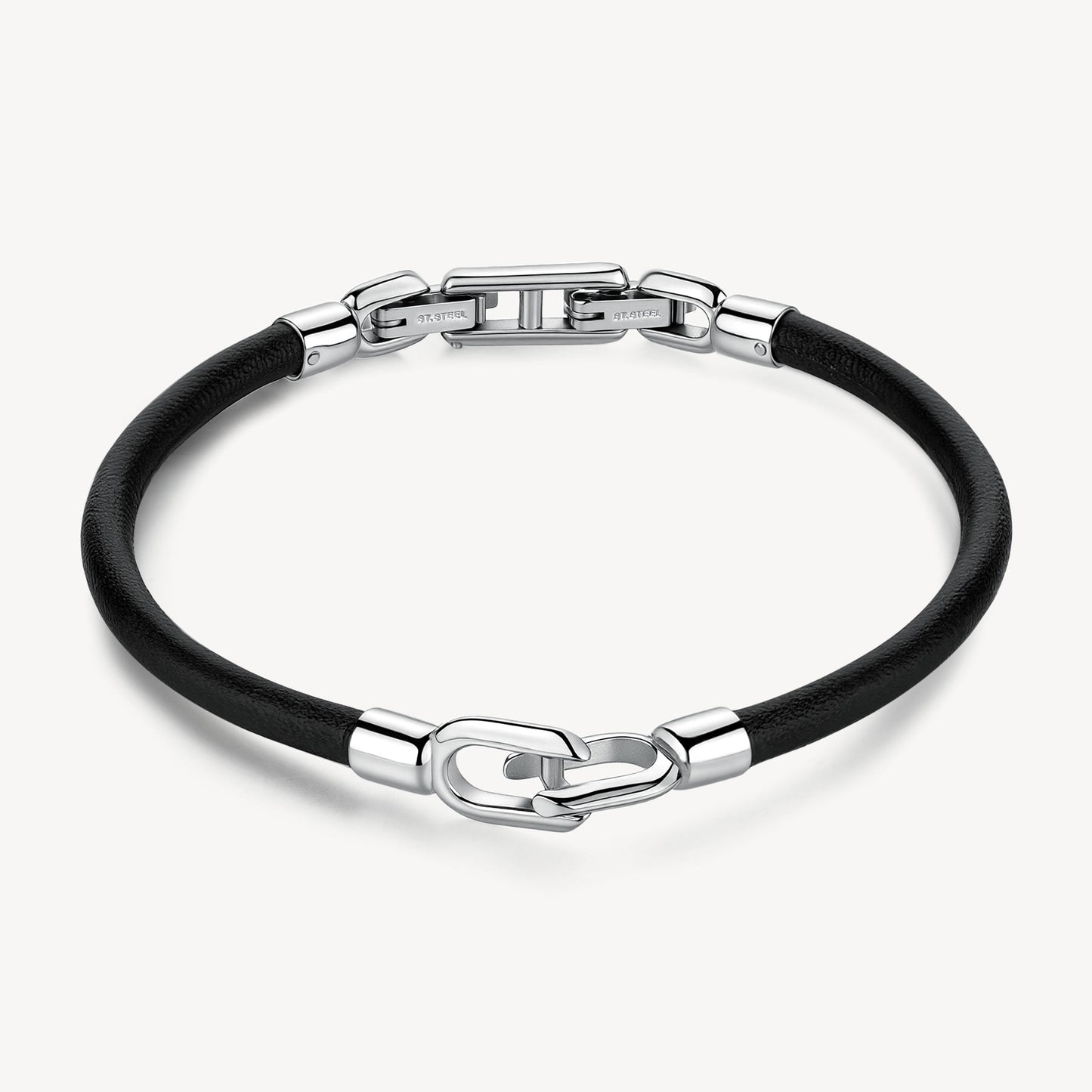 Bracciale Uomo Brosway Nemesi Pelle Nera Elemento Doppia Staffa Acciaio