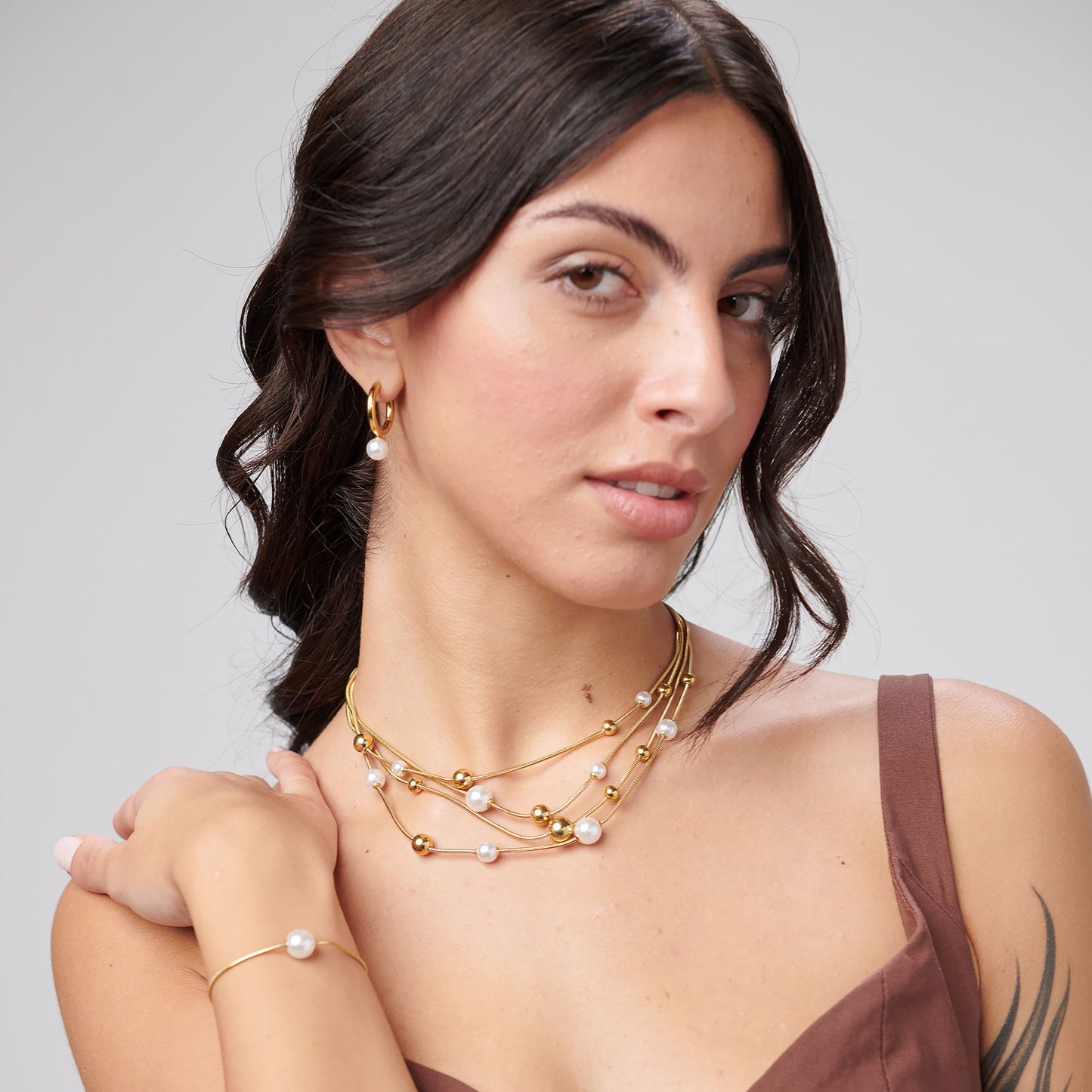 Collana Girocollo Brosway Perfect 4 Fili Coda Di Topo Pvd Oro Sfere e Perle