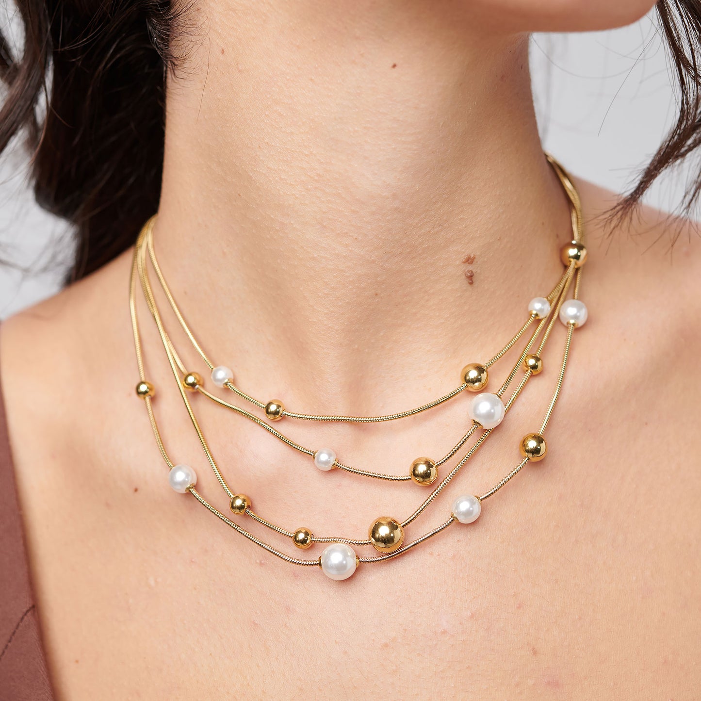 Collana Girocollo Brosway Perfect 4 Fili Coda Di Topo Pvd Oro Sfere e Perle