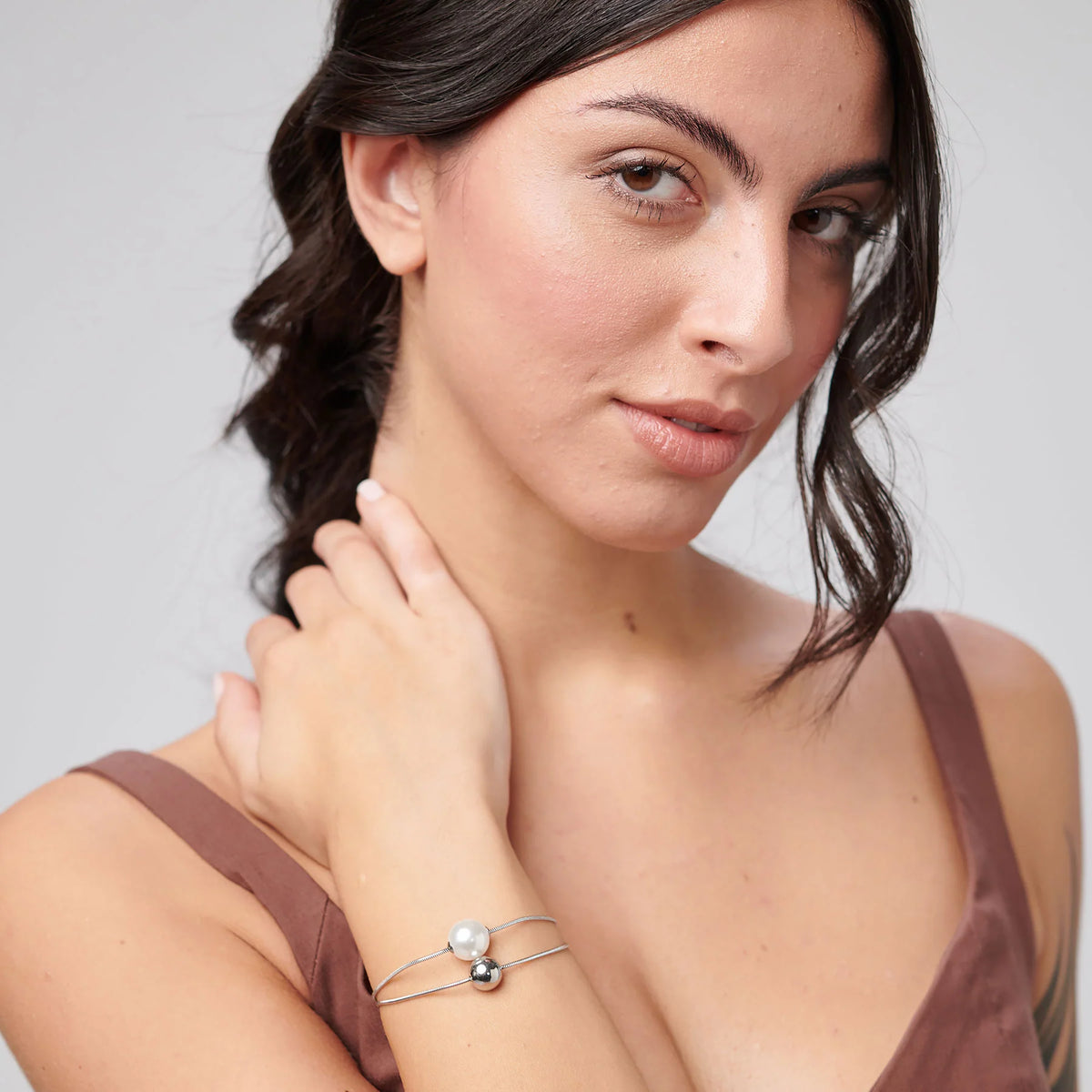 Bracciale a 2 Fili Brosway Perfect Coda Di Topo Acciaio Con Sfera E Perla