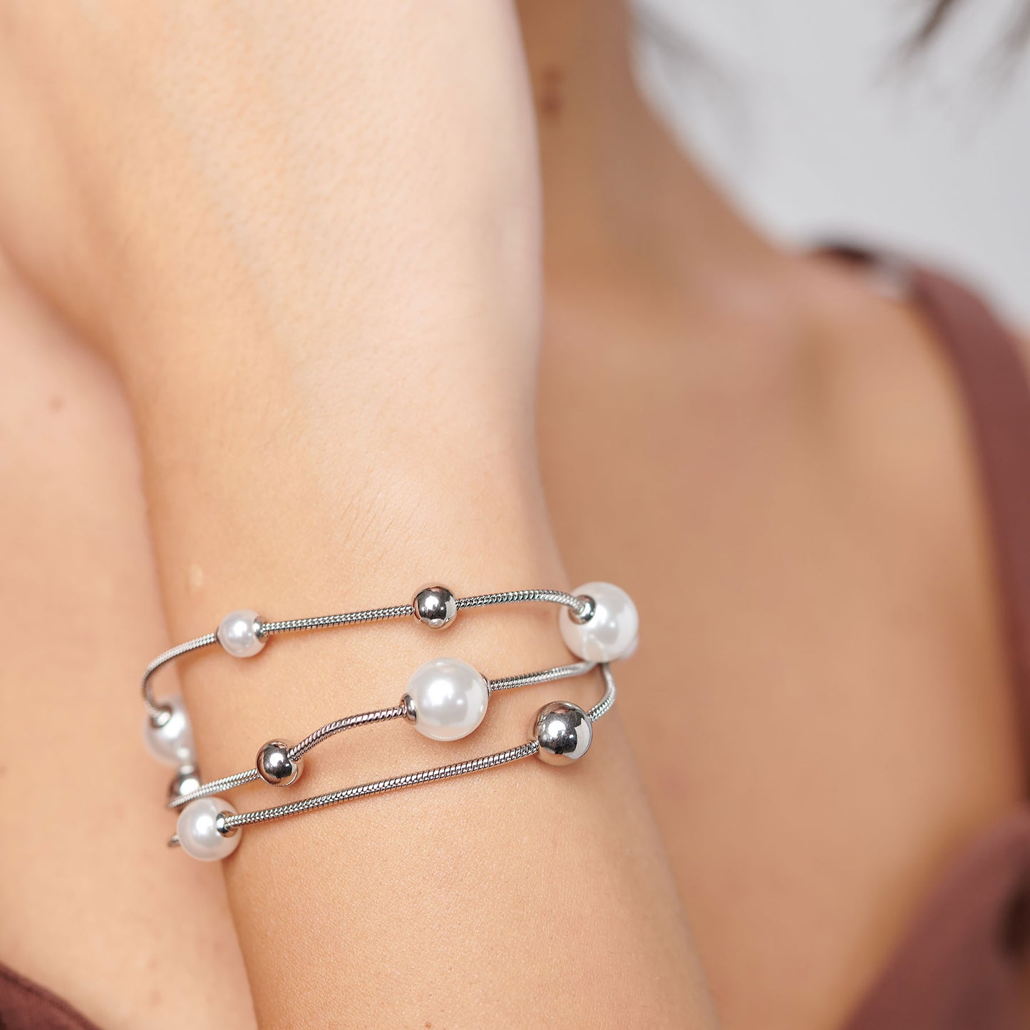 Bracciale 3 Fili Brosway Perfect Coda Di Topo Acciaio Sfere e Perle