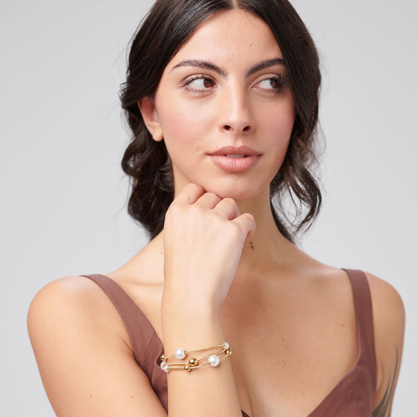 Bracciale 3 Fili Brosway Perfect Coda Di Topo Pvd Oro Sfere e Perle