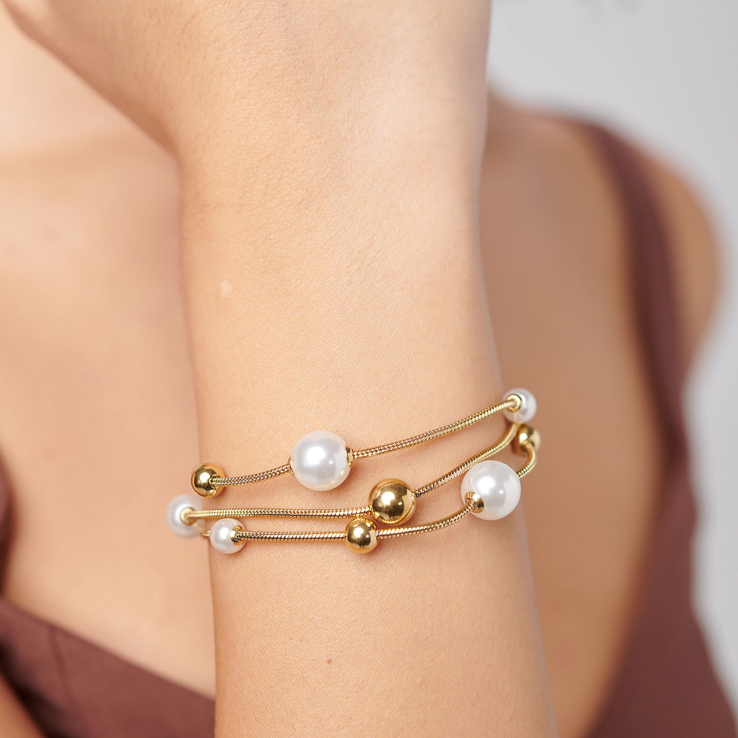 Bracciale 3 Fili Brosway Perfect Coda Di Topo Pvd Oro Sfere e Perle