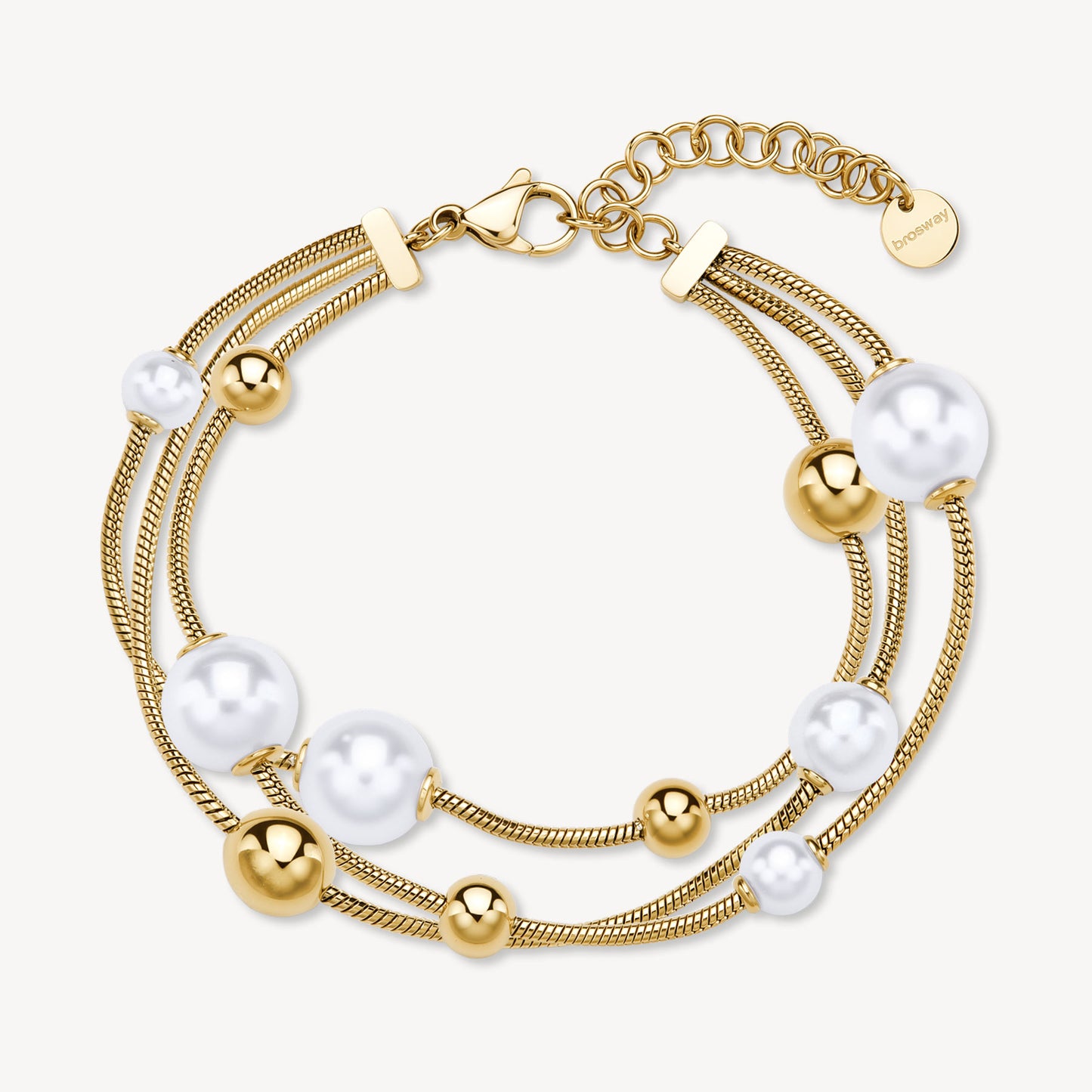 Bracciale 3 Fili Brosway Perfect Coda Di Topo Pvd Oro Sfere e Perle