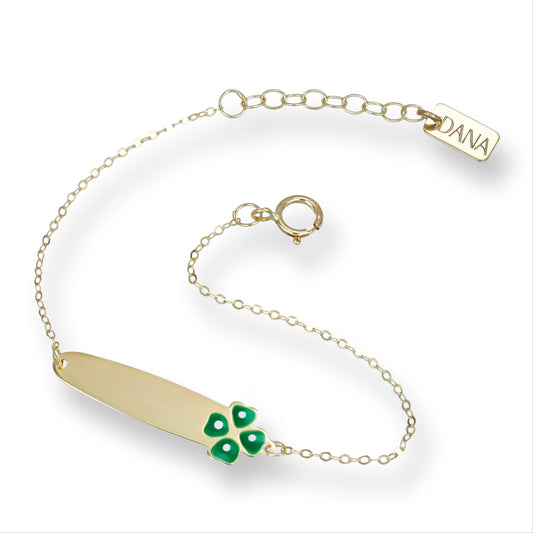 Bracciale Bimbi Dana Baby Oro Giallo 9 Kt Targa E Quadrifoglio Smalto Verde