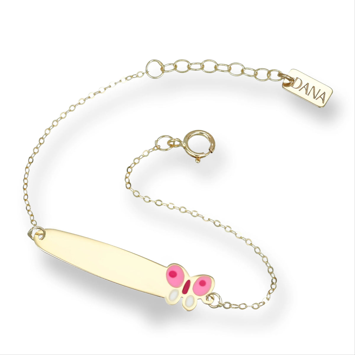 Bracciale Bimba Dana Baby Oro Giallo 9 Kt con Piastrina e Farfalla Smalto Rosa/Bianco