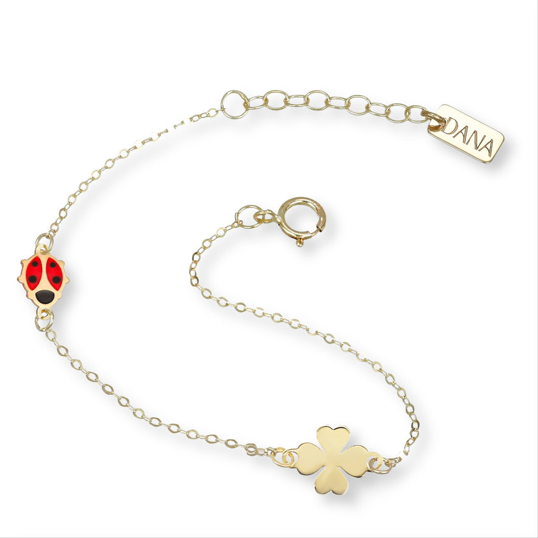 Bracciale Dana Baby Oro Giallo 9 Kt Quadrifoglio Coccinella Smalto Rosso