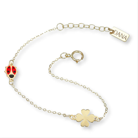 Bracciale Dana Baby Oro Giallo 9 Kt Quadrifoglio Coccinella Smalto Rosso