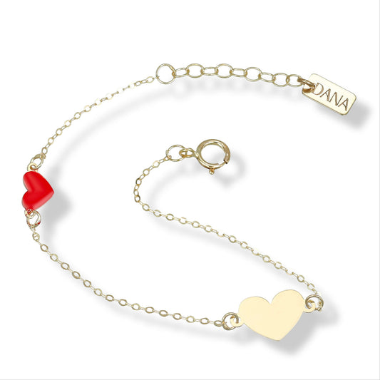 Bracciale Dana Baby Oro Giallo 9 Kt Cuore Grande e Piccolo Smalto Rosso