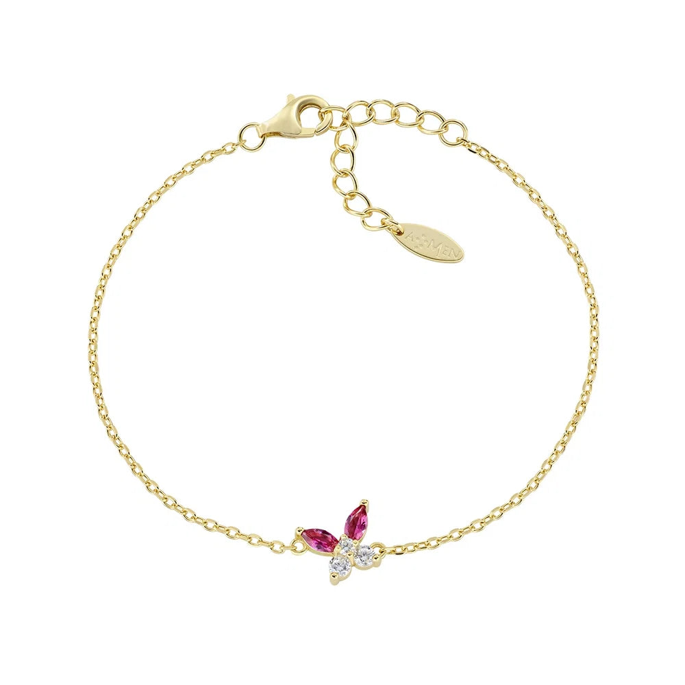 Bracciale Amen Fiori Argento Dorato Farfalla Zirconi Rosso Ciliegia/Bianco