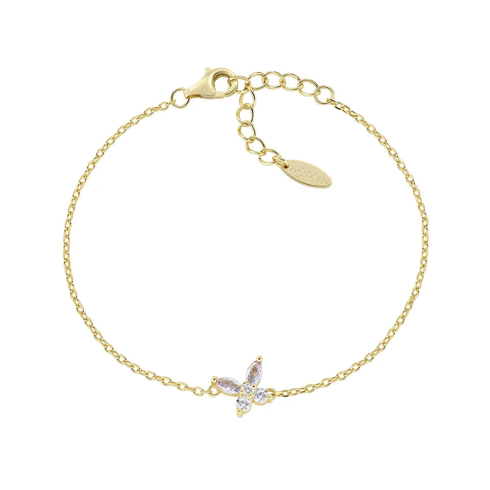 Bracciale Amen Fiori Argento Dorato Farfalla Zirconi Lilla/Bianco
