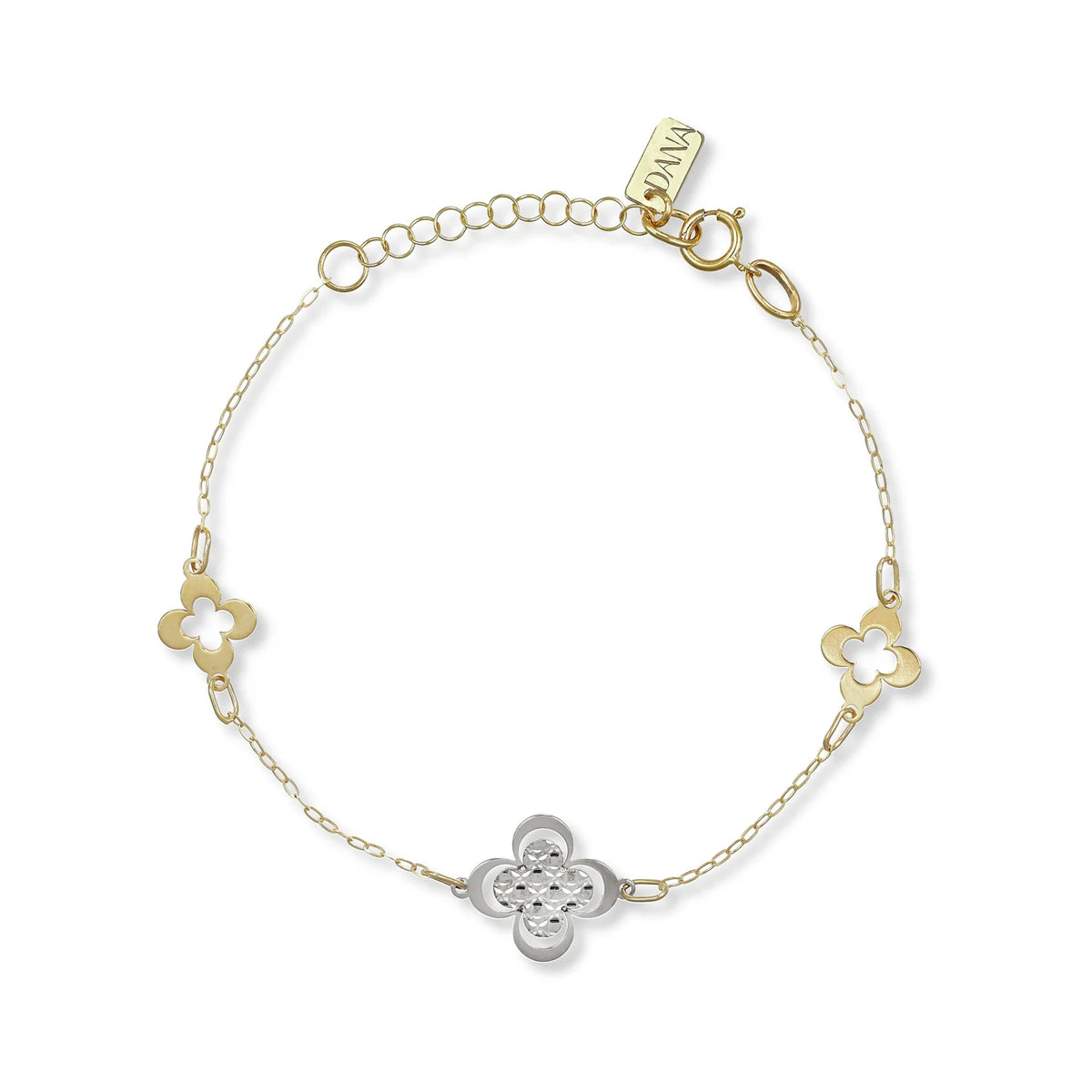 Bracciale Dana Clover Oro Giallo 9 Kt 2 Quadrifogli Traforati Laterali + Centrale in Oro Bianco Lavorazine Diamantata