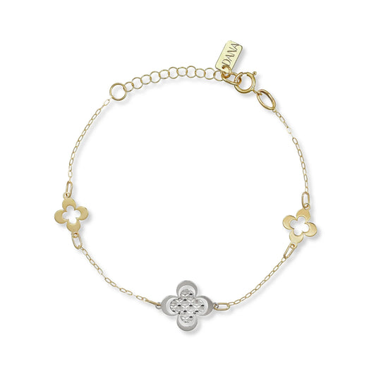 Bracciale Dana Clover Oro Giallo 9 Kt 2 Quadrifogli Traforati Laterali + Centrale in Oro Bianco Lavorazine Diamantata