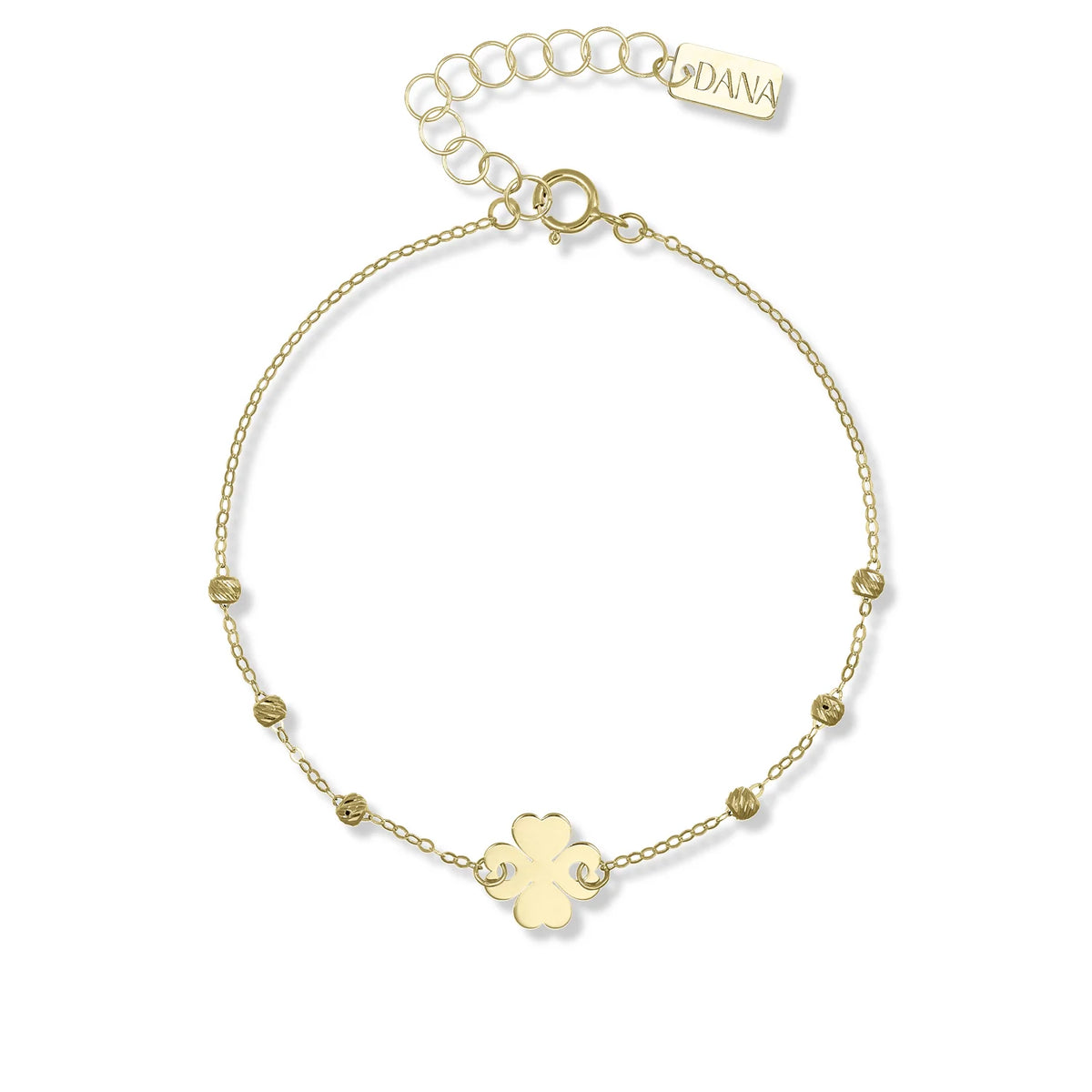 Bracciale Dana Wishes Oro Giallo 9 Kt Sferette Sfaccettate e Quadrifoglio Centrale