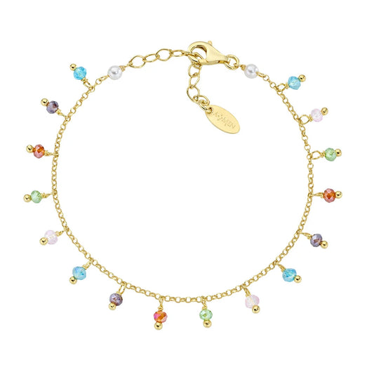 Bracciale Amen Rainbow Chandelier Argento Dorato Charms Cristalli Multicolor Sfaccettati + 2 Perle