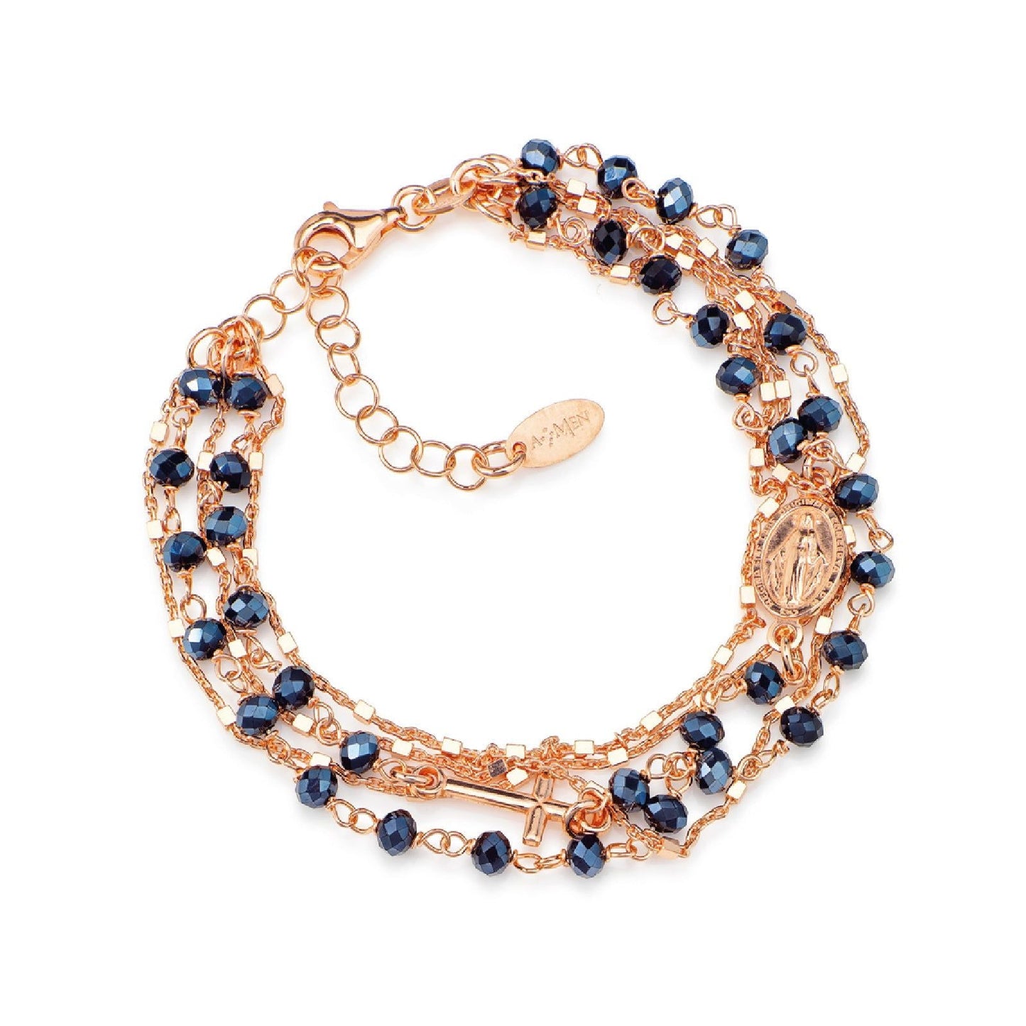 Bracciale a 3 Fili Amen I Rosari Argento Rosato Sferette Cristallo Blu Medaglietta Ovale + Croce