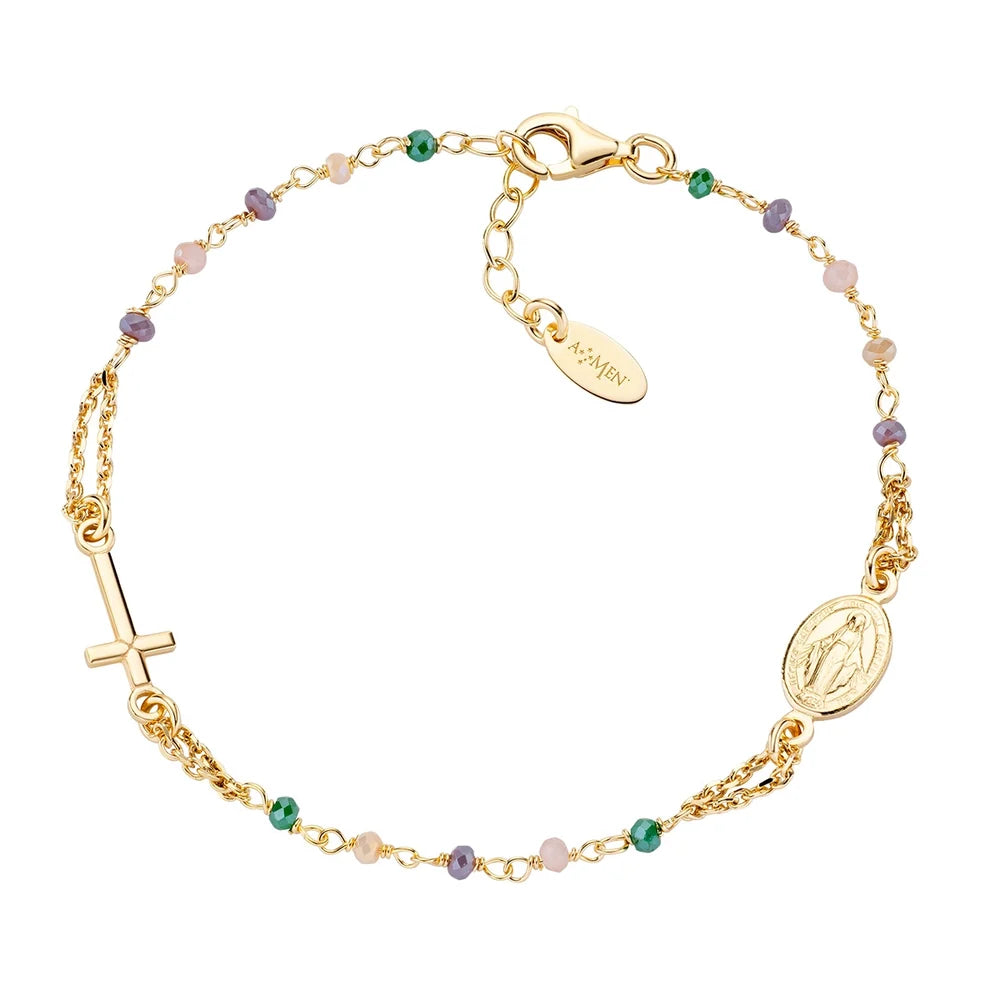 Bracciale Amen I Rosari Argento Dorato Cristalli Multicolor e Medaglia
