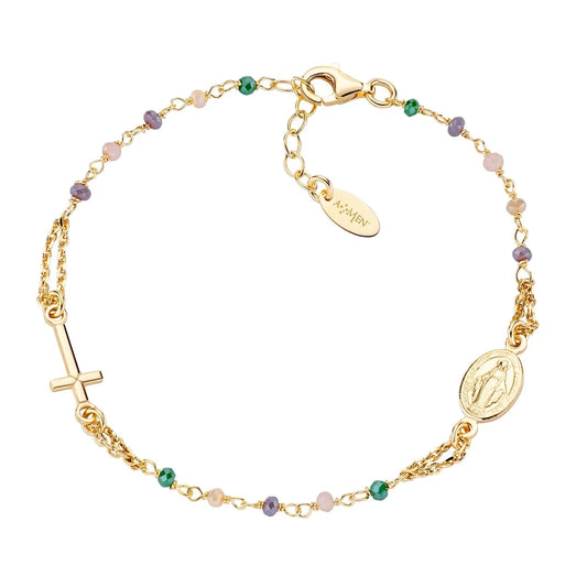 Bracciale Amen I Rosari Argento Dorato Cristalli Multicolor e Medaglia