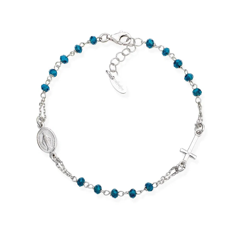 Bracciale Amen I Rosari In Argento Con Sferette Cristalli Blu Croce E Medaglietta Ovale Cm.18+2