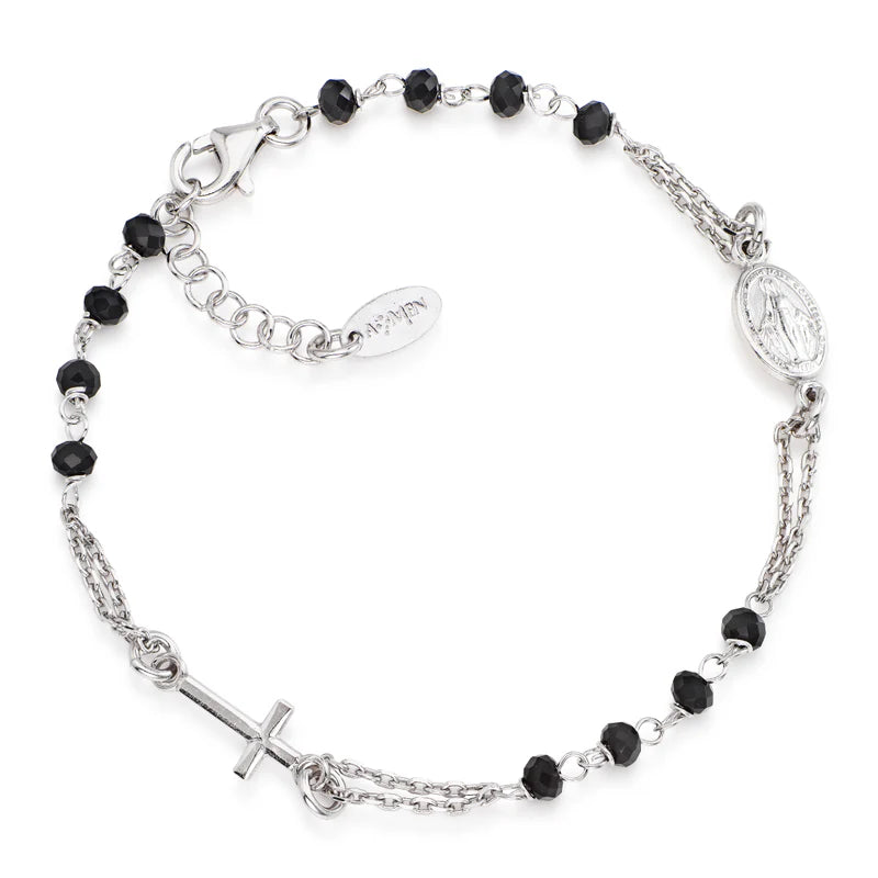 Bracciale Amen I Rosari In Argento Con Sferette Agata Nera Croce E Medaglietta Ovale