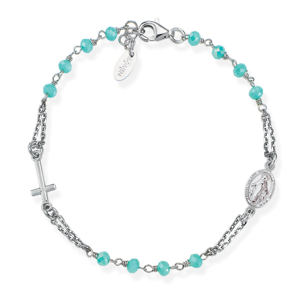 Bracciale Amen I Rosari In Argento Con Sferette Verdi Croce E Medaglietta Ovale