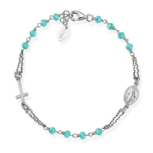 Bracciale Amen I Rosari In Argento Con Sferette Verdi Croce E Medaglietta Ovale