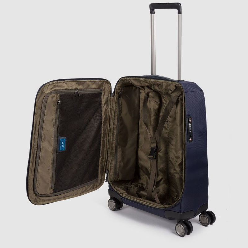 Trolley Piquadro Formato Cabina Ultra Slim A Quattro Ruote In Nylon Con Inserti Pelle Blu