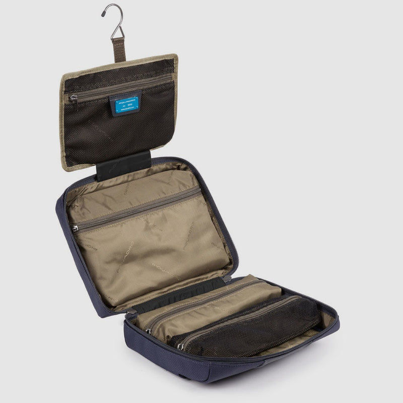 Necessaire Piquadro Beauty Case Tasca Frontale Tessuto Inserto Pelle Blu