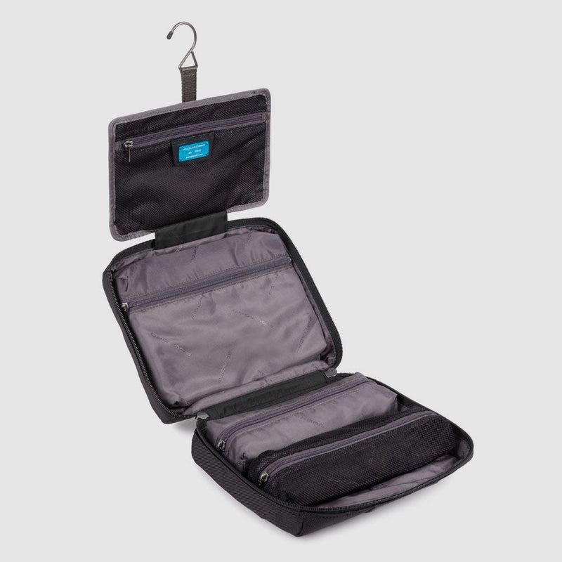 Necessaire Piquadro Beauty Case Tasca Frontale Tessuto Inserto Pelle Nera
