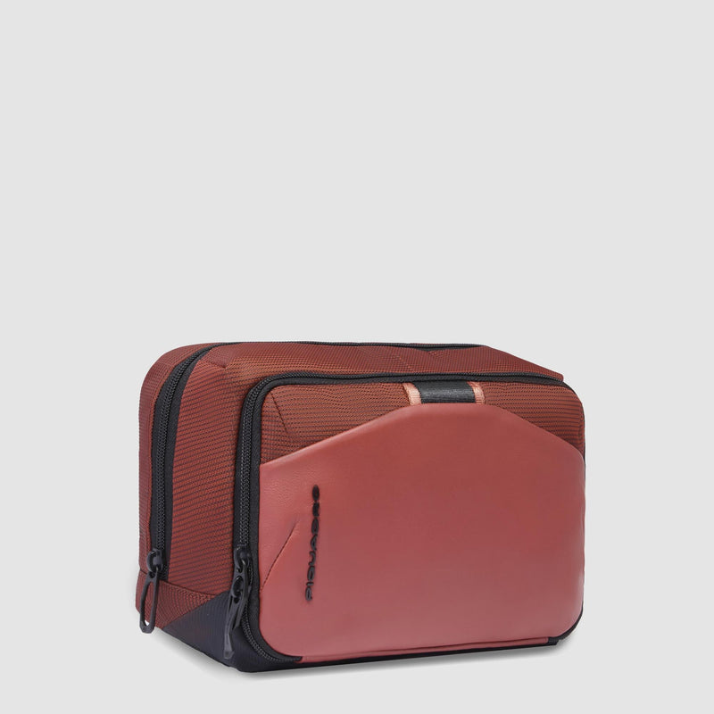 Beauty Case da Viaggio Piquadro Doppio Scomparto Tessuto Inserti in Pelle Arancione