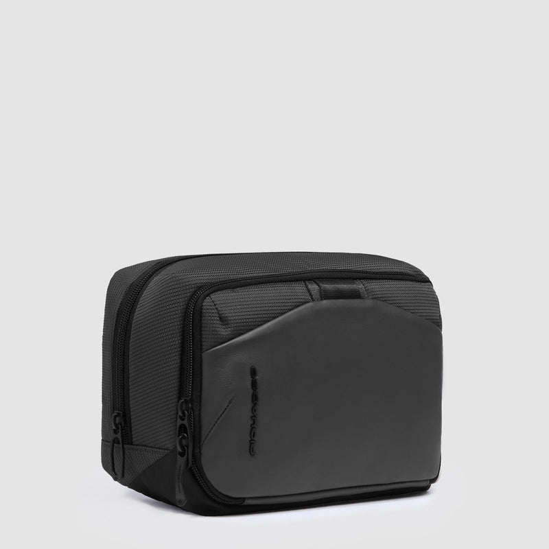 Beauty Case Piquadro Doppio Scomparto Tessuto Inserti Pelle Nera