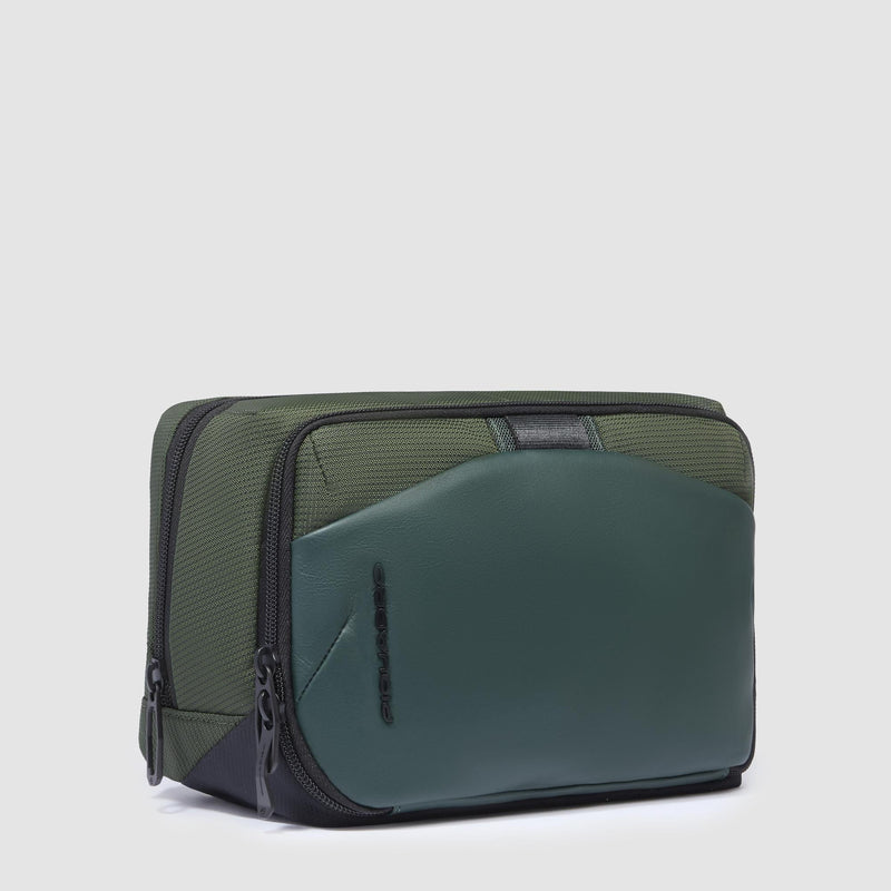 Beauty Case Piquadro Doppio Scomparto Tessuto Inserti Pelle Verde