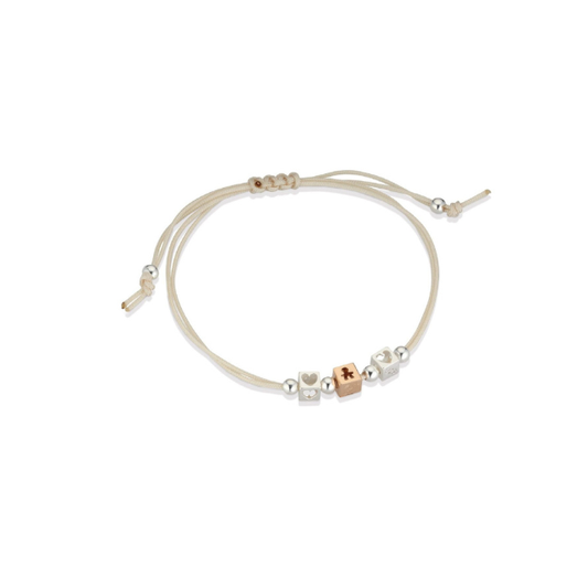 Bracciale Lebebé I Dadini Cordino Beige 2 Cubi Cuore Argento 1 Cubo Bimbo Oro Rosa