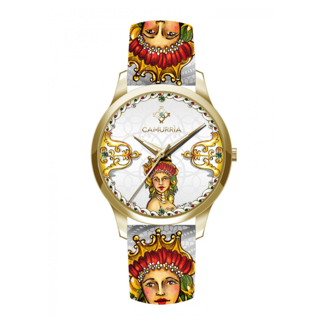 Orologio Camurrìa A Bedda 37 mm Pvd Oro Pelle Stampa Donna Con Corona