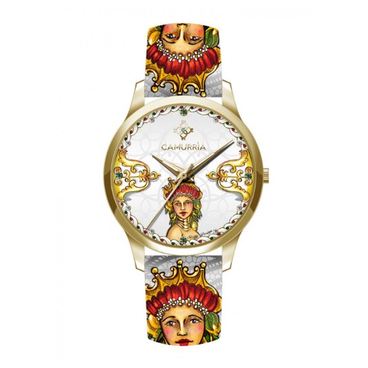 Orologio Camurrìa A Bedda 37 mm Pvd Oro Pelle Stampa Donna Con Corona