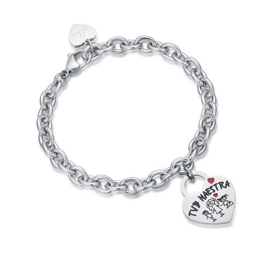 Bracciale Luca Barra Script Acciaio Charm Cuore "Tvb Maestra"