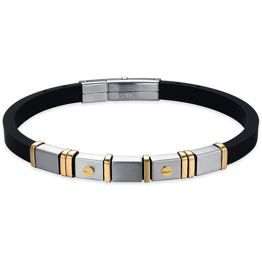 Bracciale Uomo Luca Barra Caucciù Elementi Acciaio Satinato/Pvd Oro e Vitine