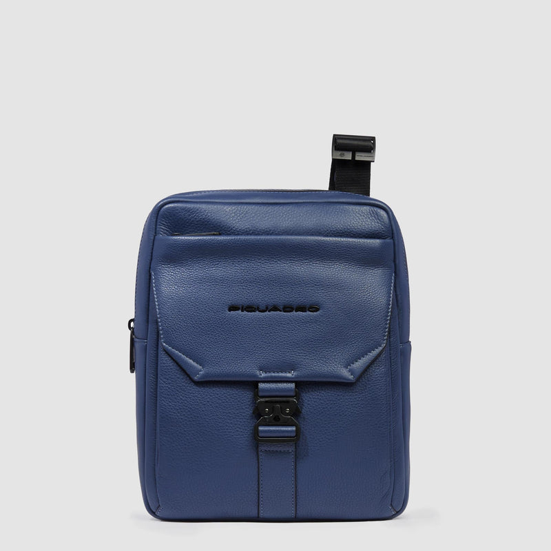 Borselli Piquadro Borsello Uomo Grande Porta Ipad Patta Tasca Frontale Pelle Martellata Blu