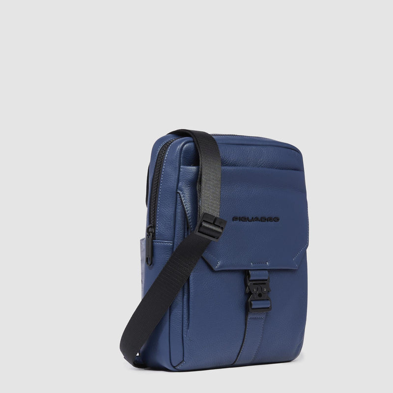 Borselli Piquadro Borsello Uomo Grande Porta Ipad Patta Tasca Frontale Pelle Martellata Blu
