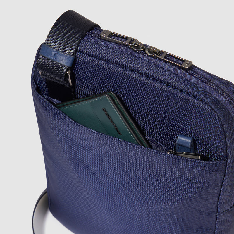 Borselli Piquadro Borsello Uomo Grande Porta Ipad Tasca Frontale Tessuto Ed Inserti Pelle Blu