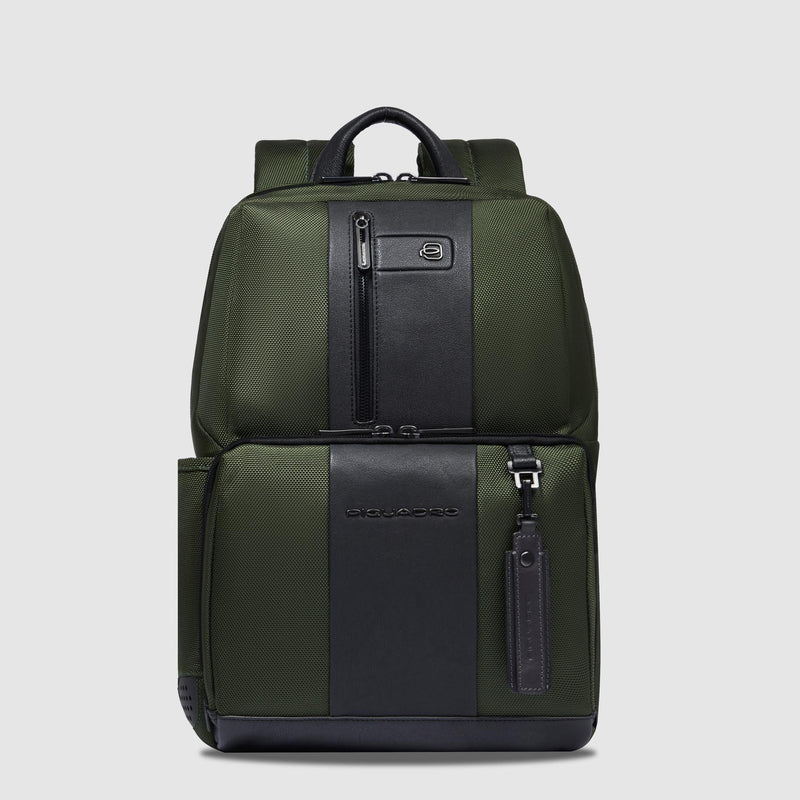 Zaini Piquadro Zaino Porta Pc Ipad Tasca Frontale Tessuto Verde Inserti Pelle Nera