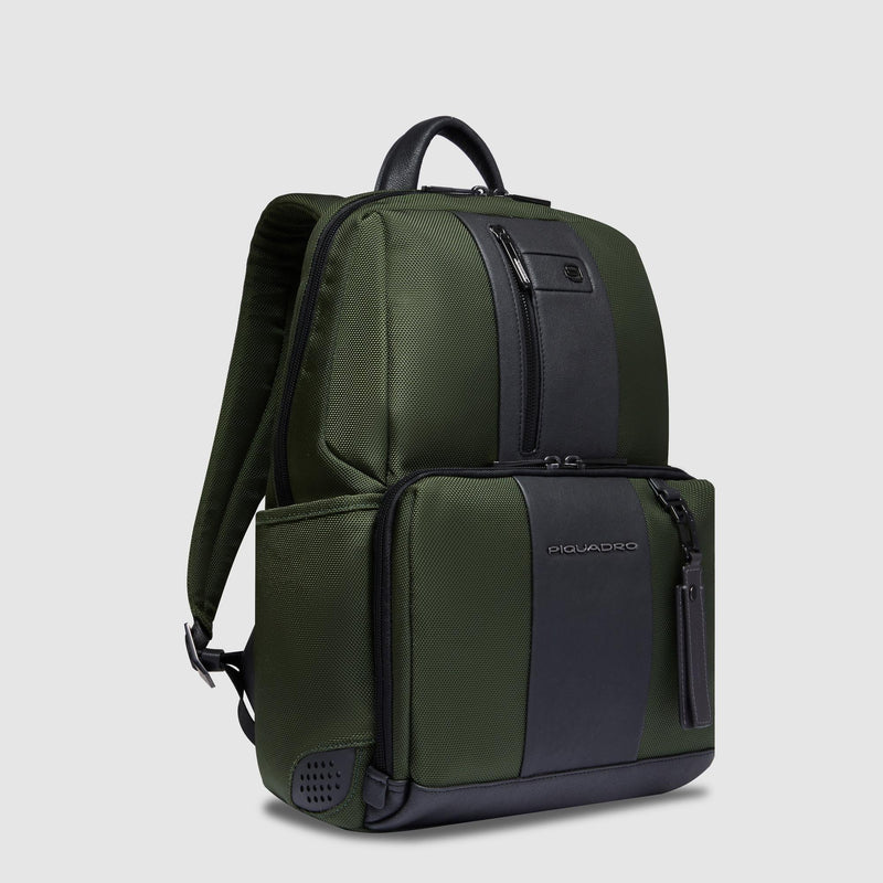 Zaini Piquadro Zaino Porta Pc Ipad Tasca Frontale Tessuto Verde Inserti Pelle Nera