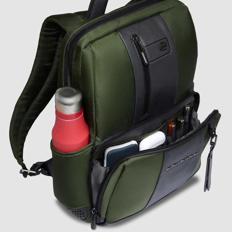 Zaini Piquadro Zaino Porta Pc Ipad Tasca Frontale Tessuto Verde Inserti Pelle Nera