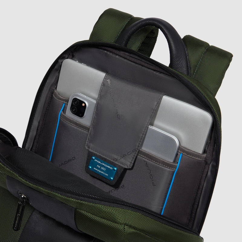 Zaini Piquadro Zaino Porta Pc Ipad Tasca Frontale Tessuto Verde Inserti Pelle Nera